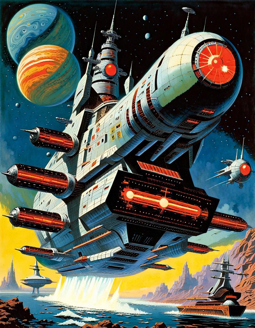 Retro Space Battleship in Vivid Colors