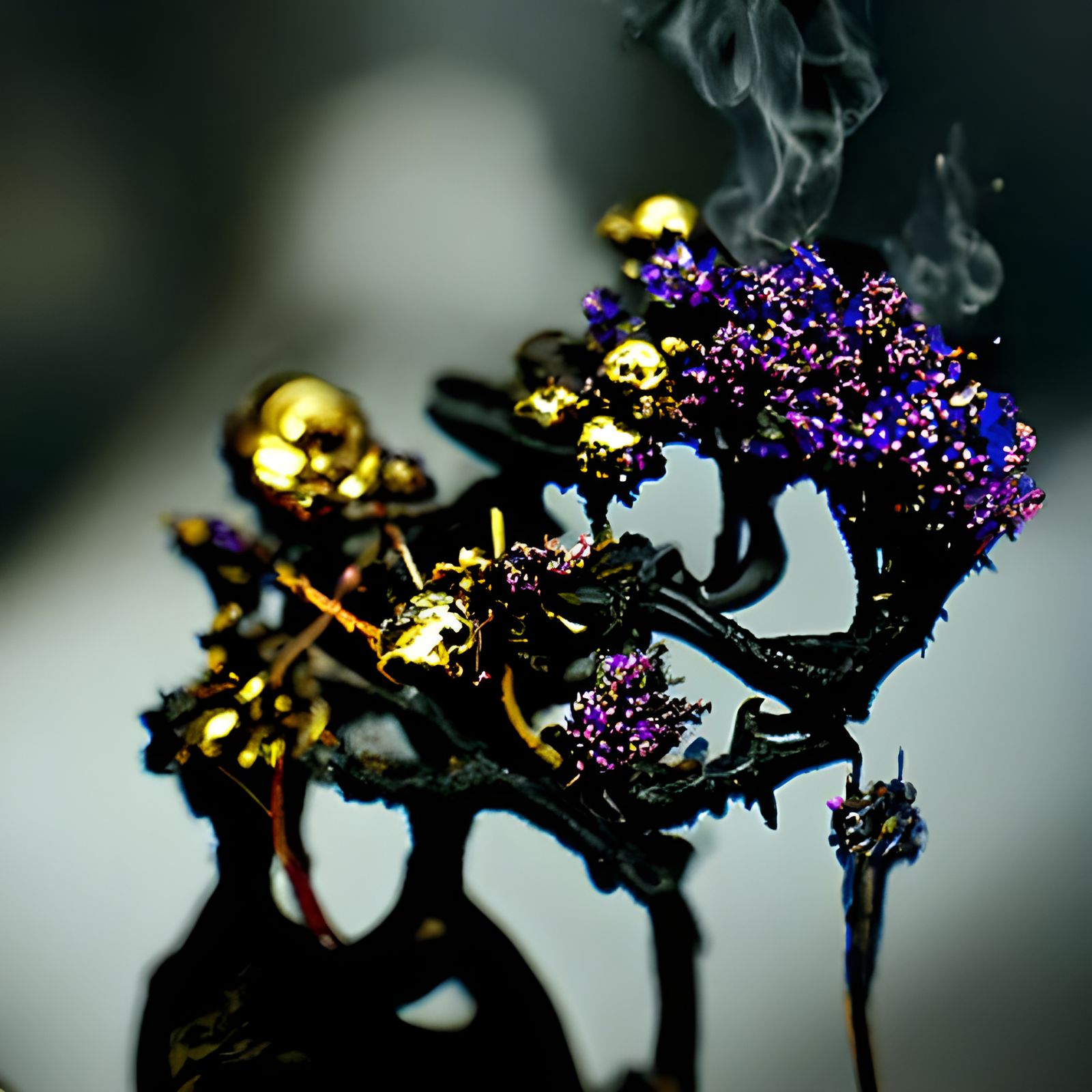 Detailed Ikebana Arrangement with Smoke Plumes