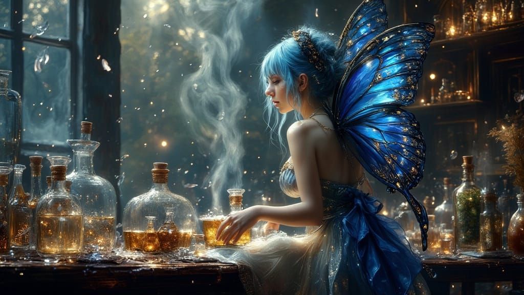 Blue Haired Fairy Crafting Potions in Moonlit Alchemy Room