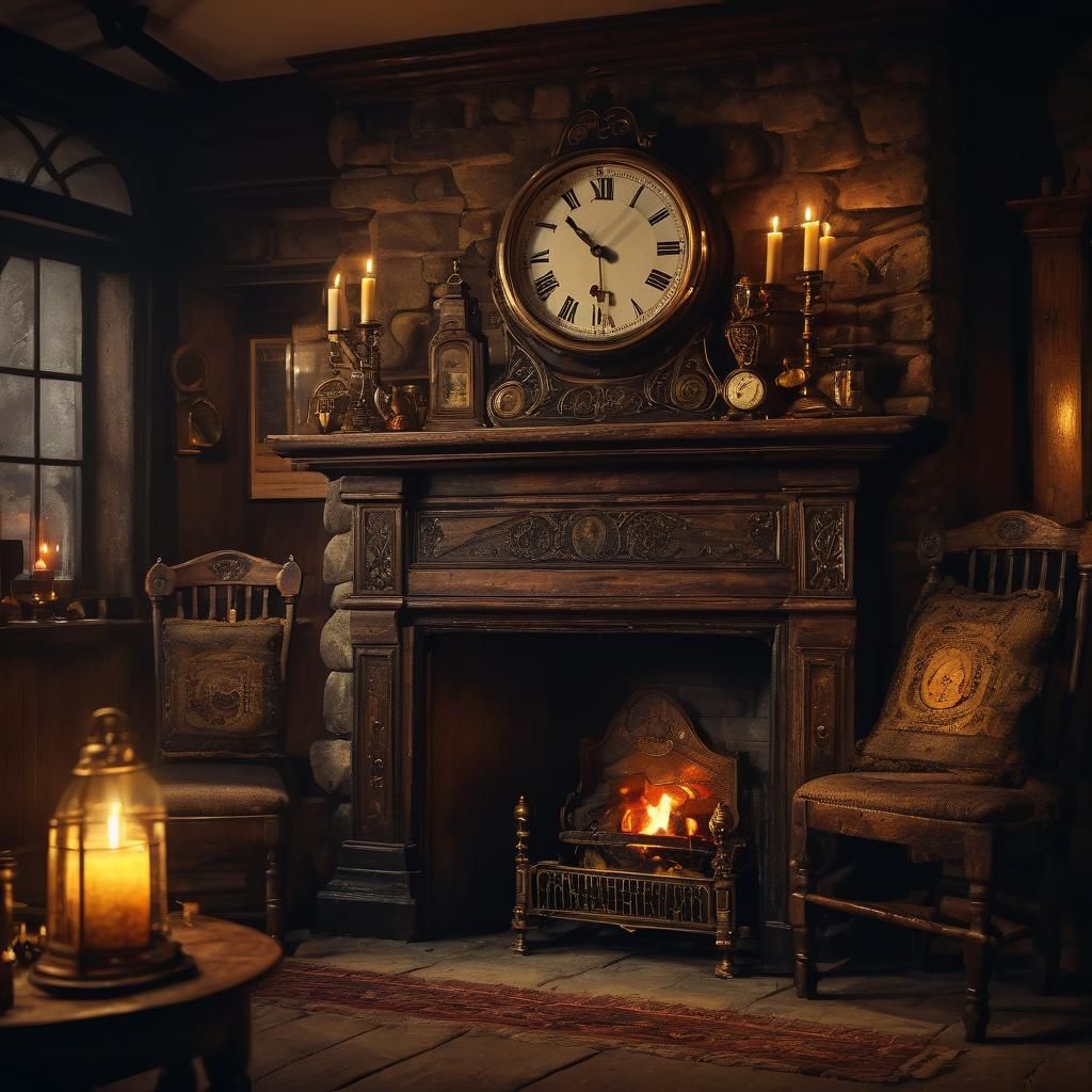 Cozy Fireplace Still Life with Antique Clock