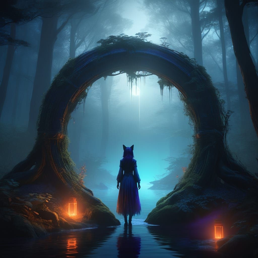 Ethereal Portal to Another World in a Dark Forest