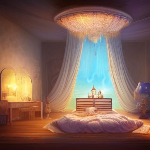 Fantasy bedroom, clam shell bed, with glowing jelly fish, lanterns, coral, window on celling, chandelier, vanity, chair,...