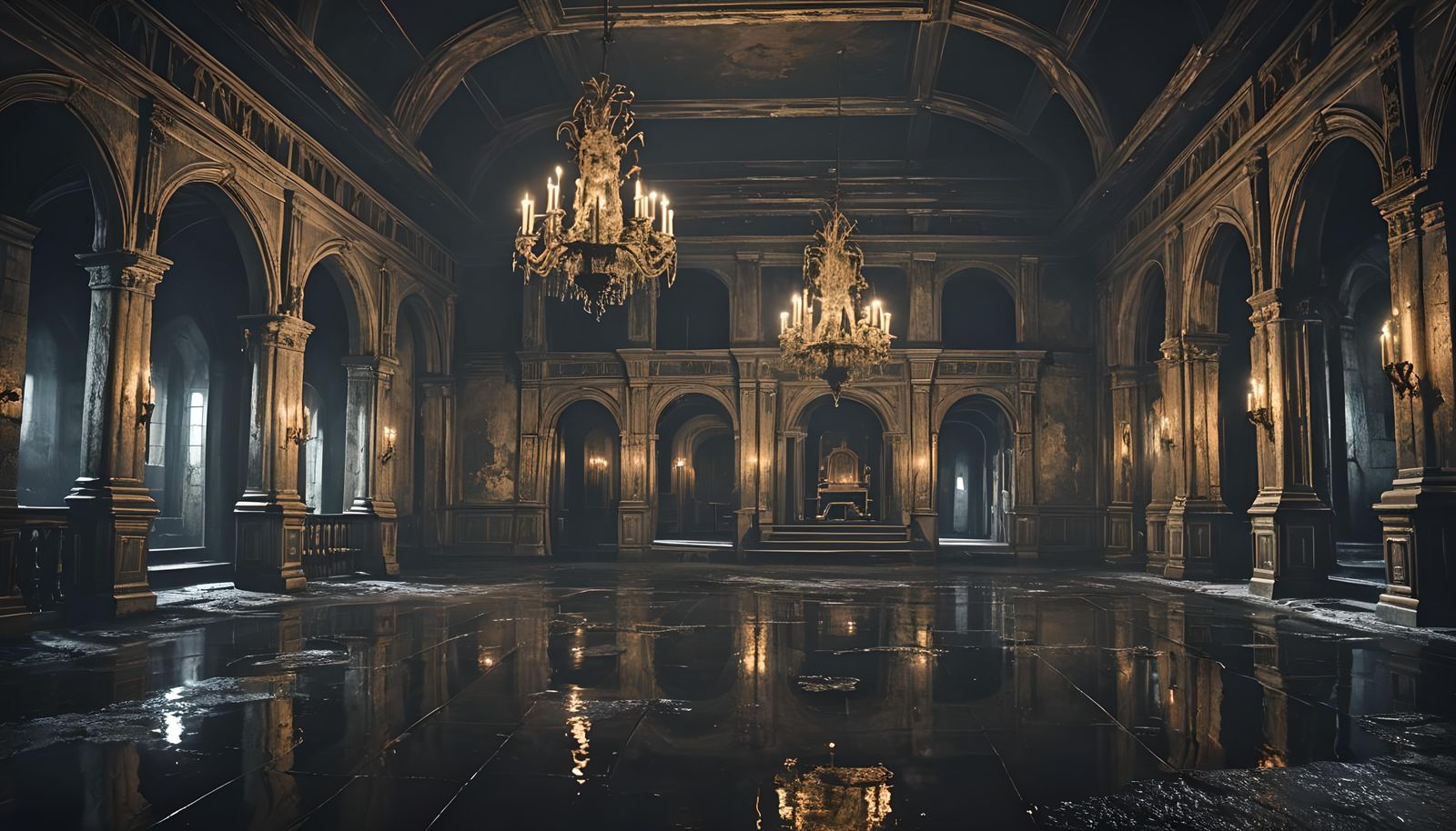 Dark Haunted Castle Interior at Night