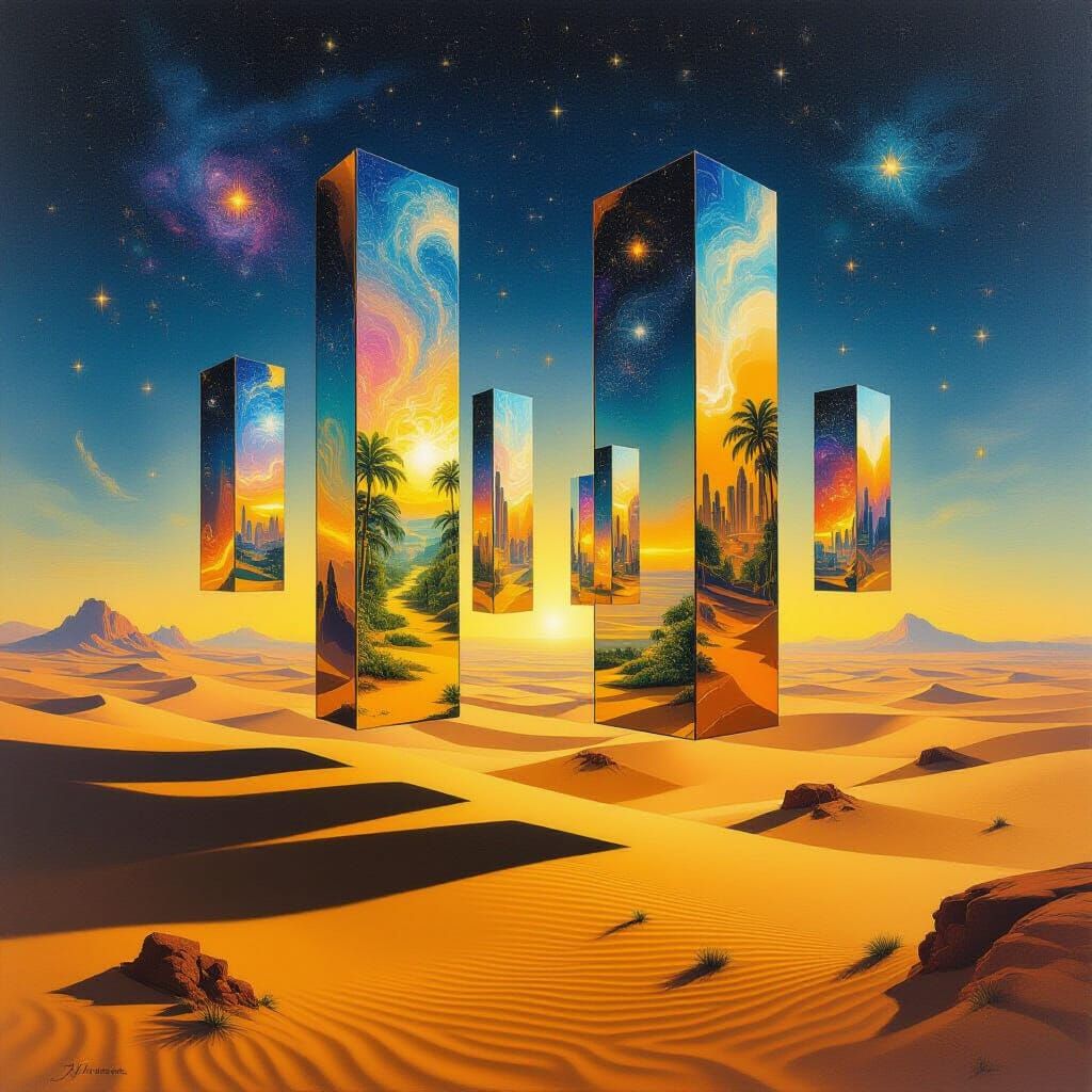 Surreal Desert Mirror Labyrinth Reflecting Alien Worlds