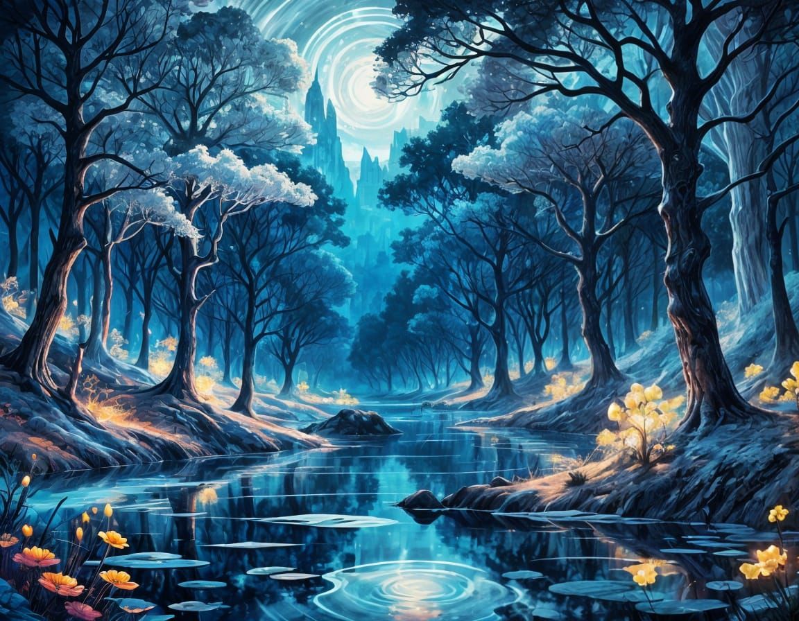 Dreamy Landscape with Fire Trees in Fractal Style