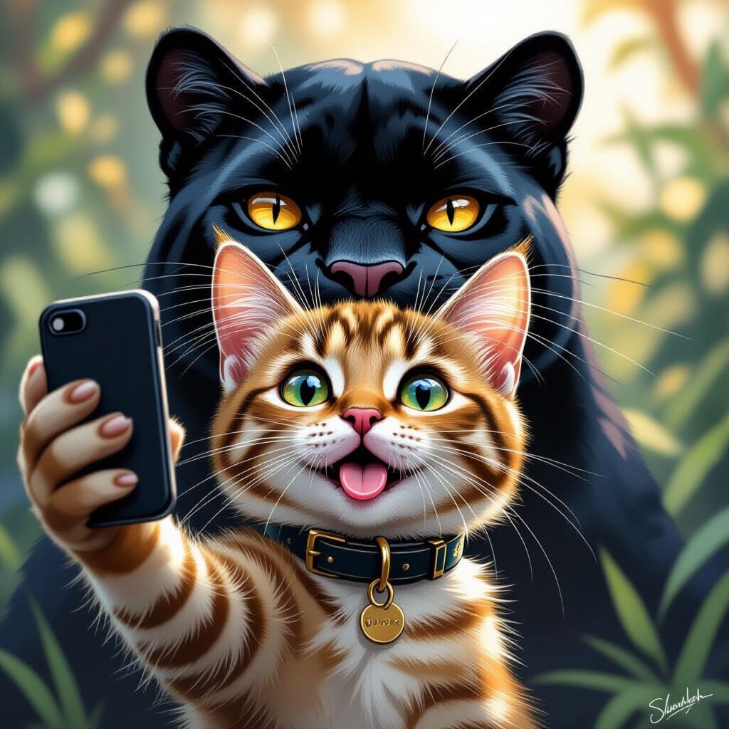 Cat Selfie with Goofy Panther, Digital Art