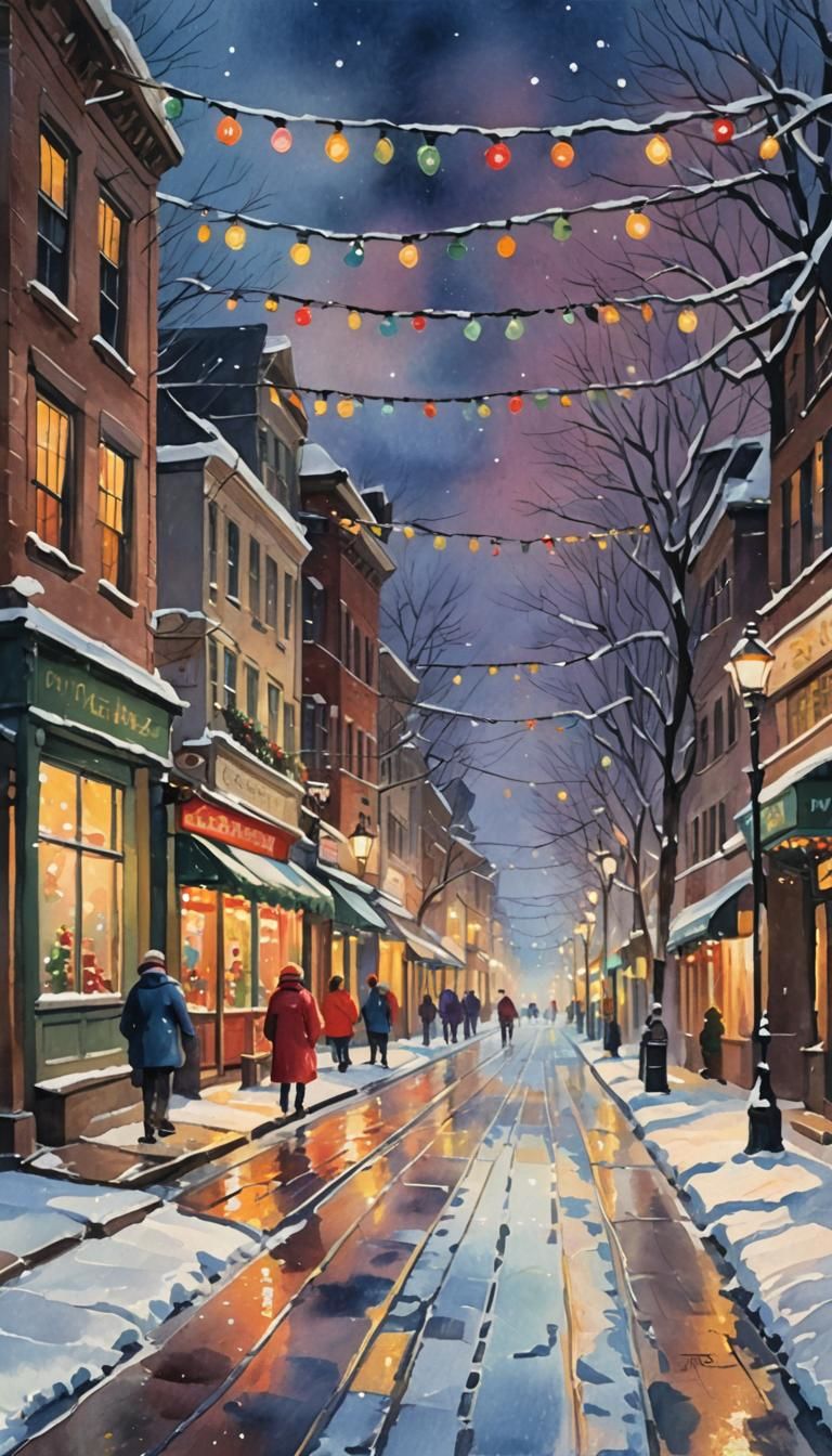 Snowy Christmas Street at Dusk in Gouache Style