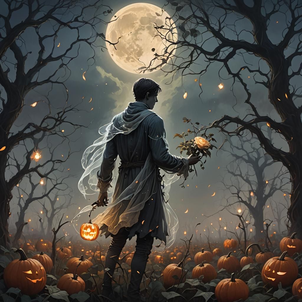 Ethereal Specter in Pumpkin Field: Dark Fantasy Art
