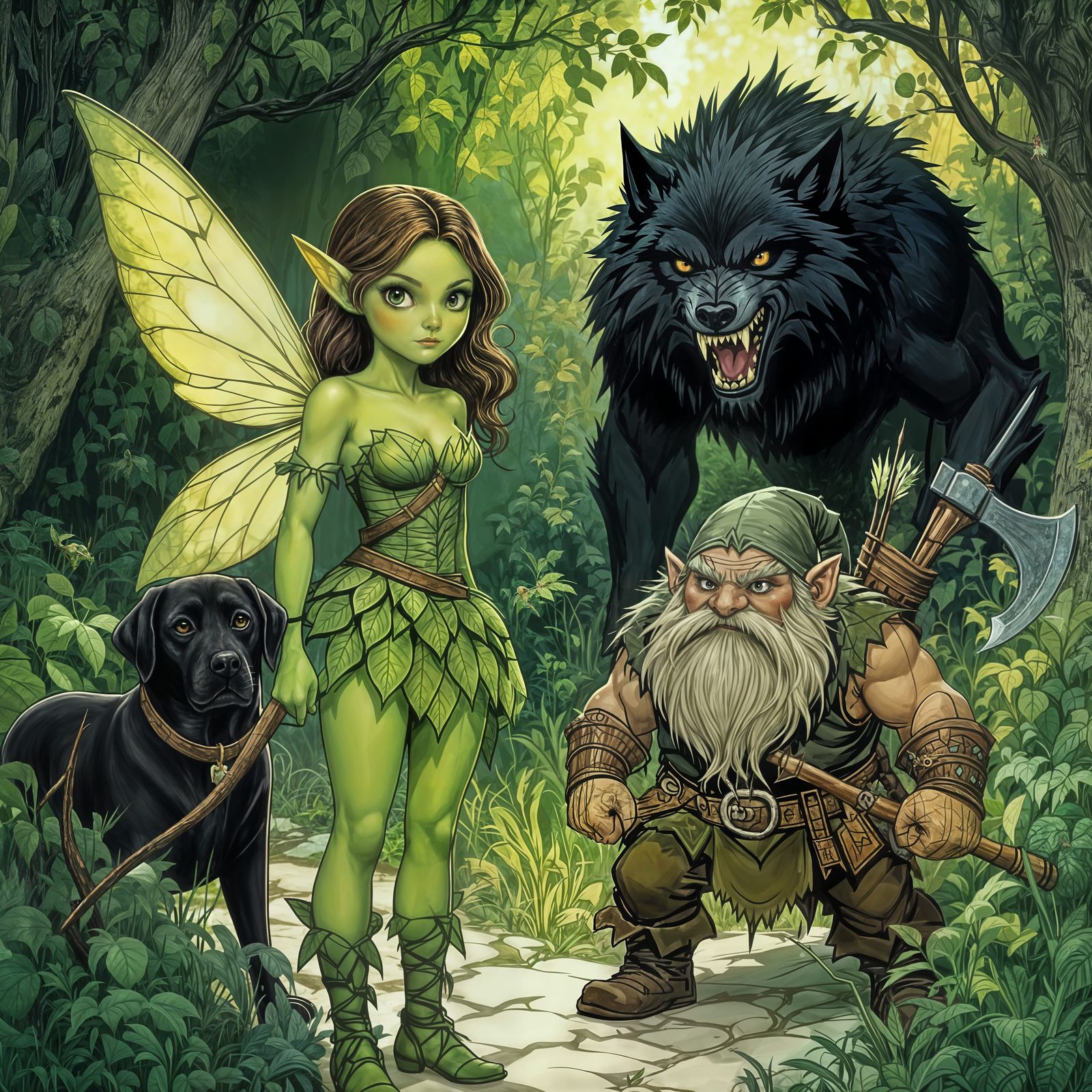 Fairy With Bow and Dwarf With Ax Face Giant Wolf