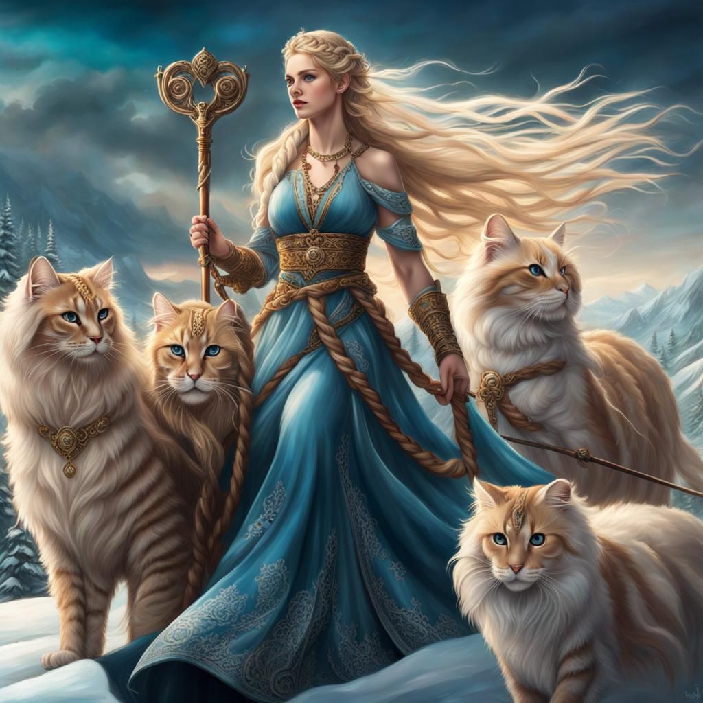 Freya, Nordic Goddess, Pulled by Cats