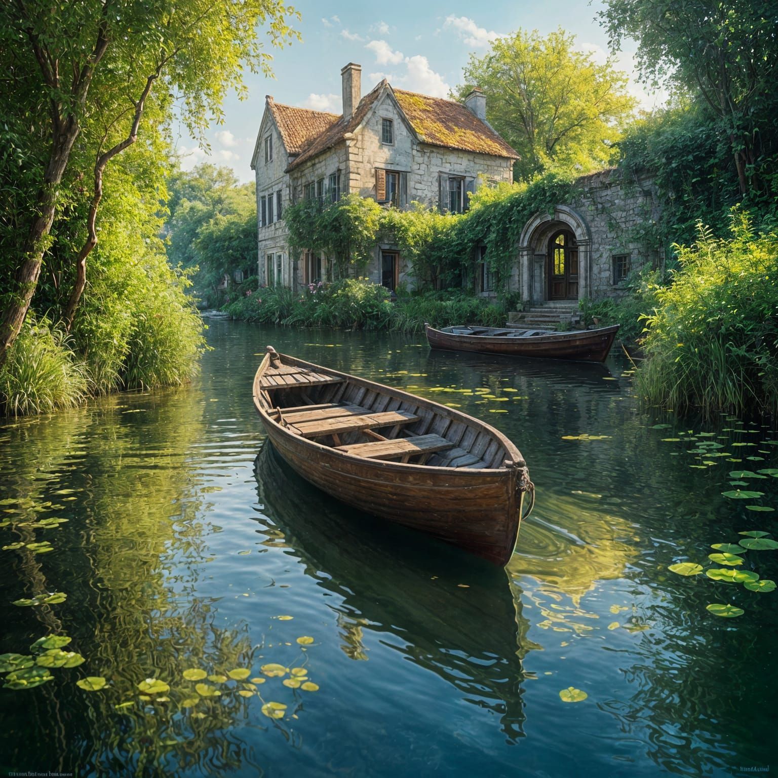 Sunlit Rowboat in Underwater City Garden