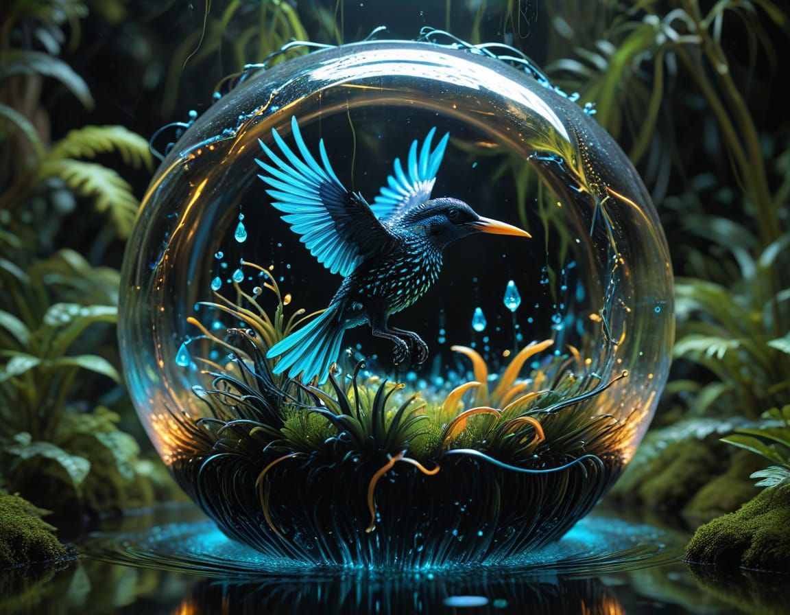 Ferrofluid Bird Trapped in Glowing Organic Jungle