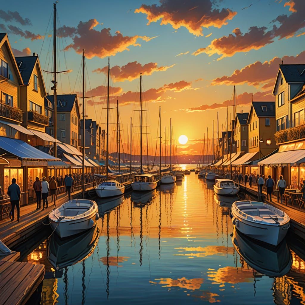 Marina Boardwalk at Sunset: Astral Cosmic Illustration