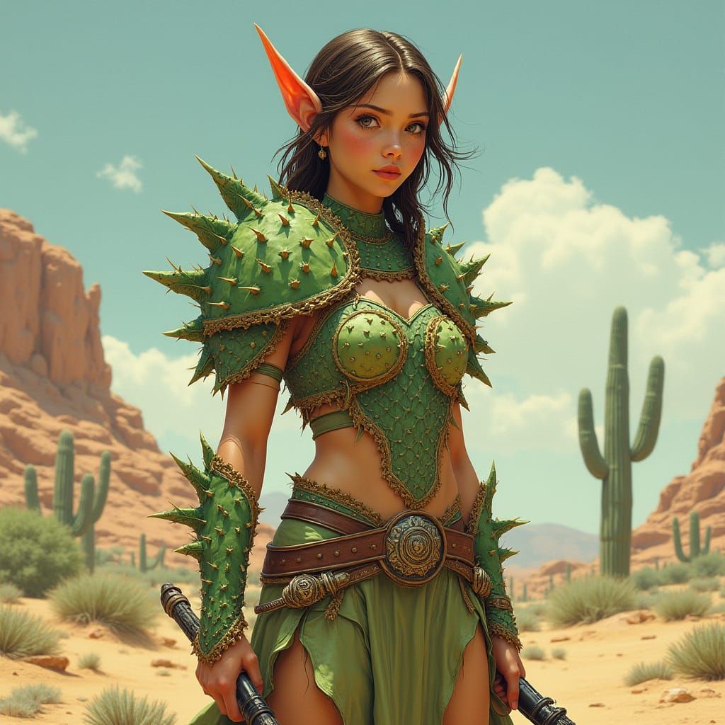 Desert Elf in Cactus Armor, Fantasy Art