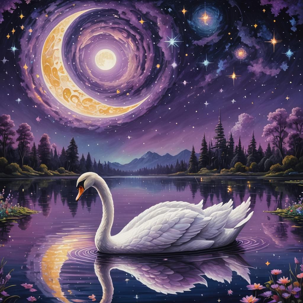 Luminescent Swan Boat on Mirrored Lake in Oil Painting Style