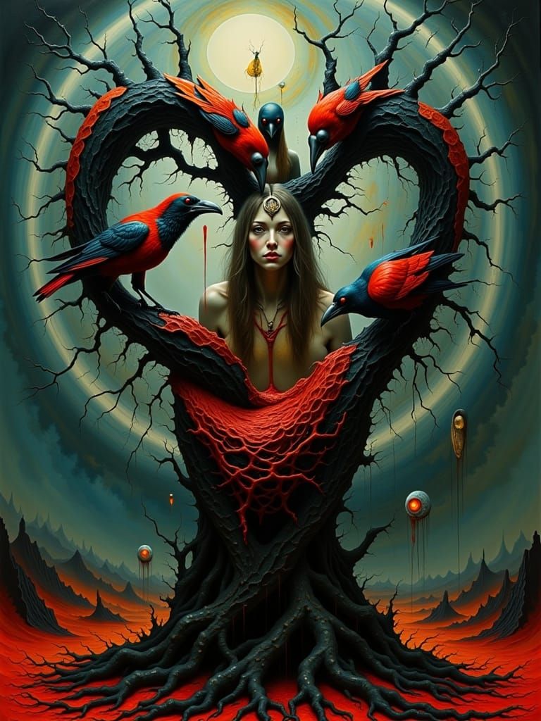 Melancholic Maiden in Heart Root System, Surreal Oil Paintin...