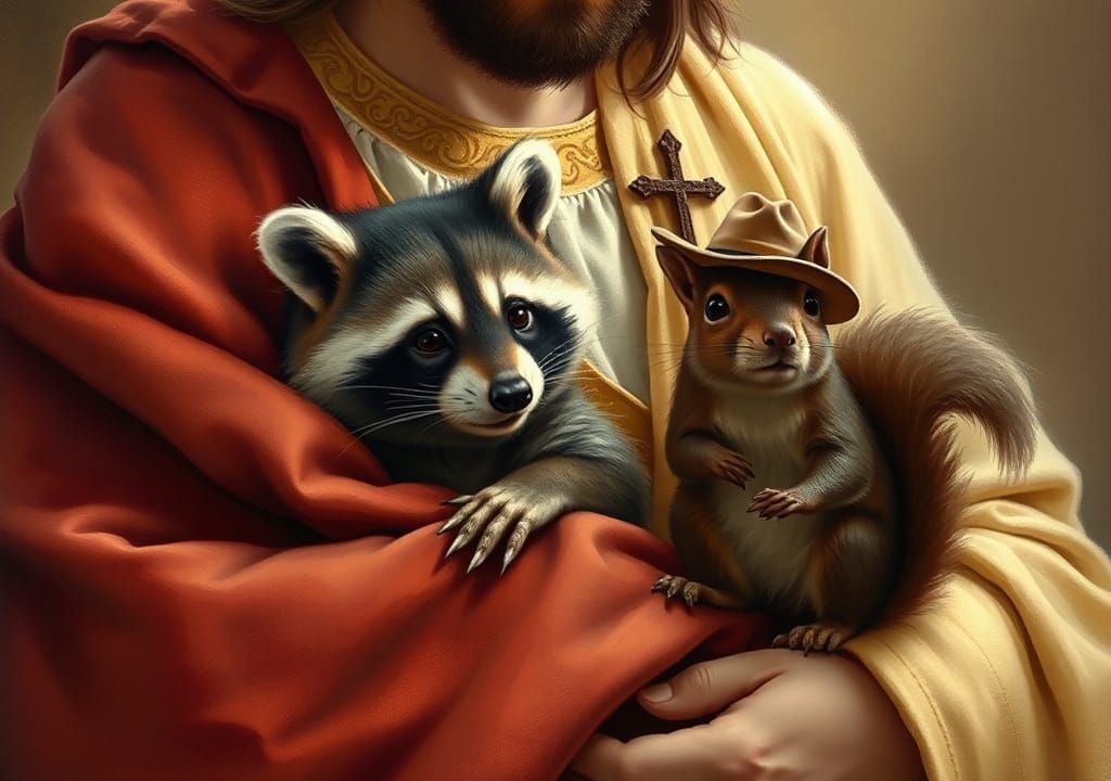 Jesus Christ Cradling Raccoon and Squirrel in Art