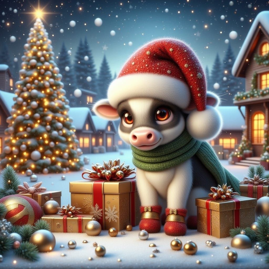 Whimsical Chibi Holstein Cow in Winter Wonderland
