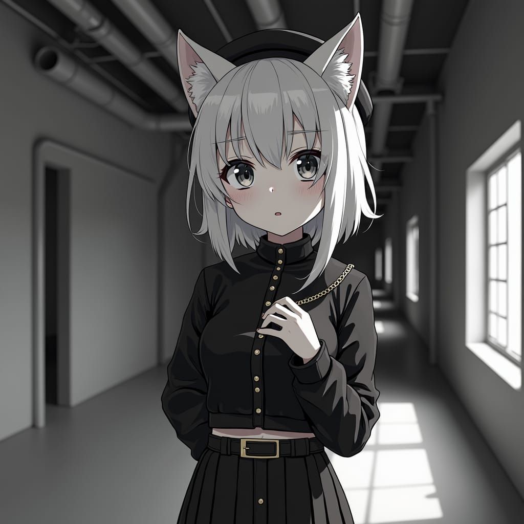 Anime Catgirl in Black and White Post-Punk Style