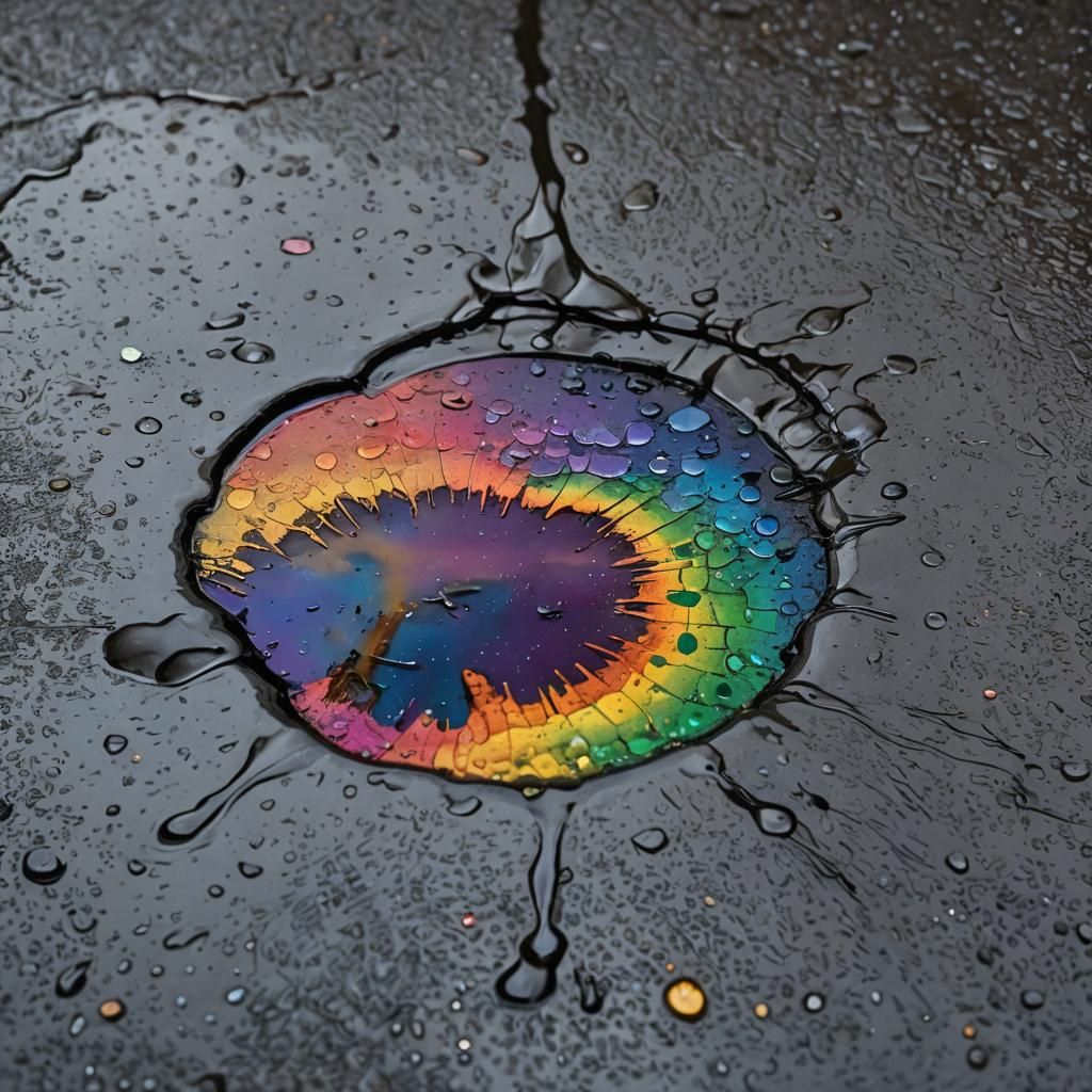Rainbow Iridescence on Oil Slick Puddle