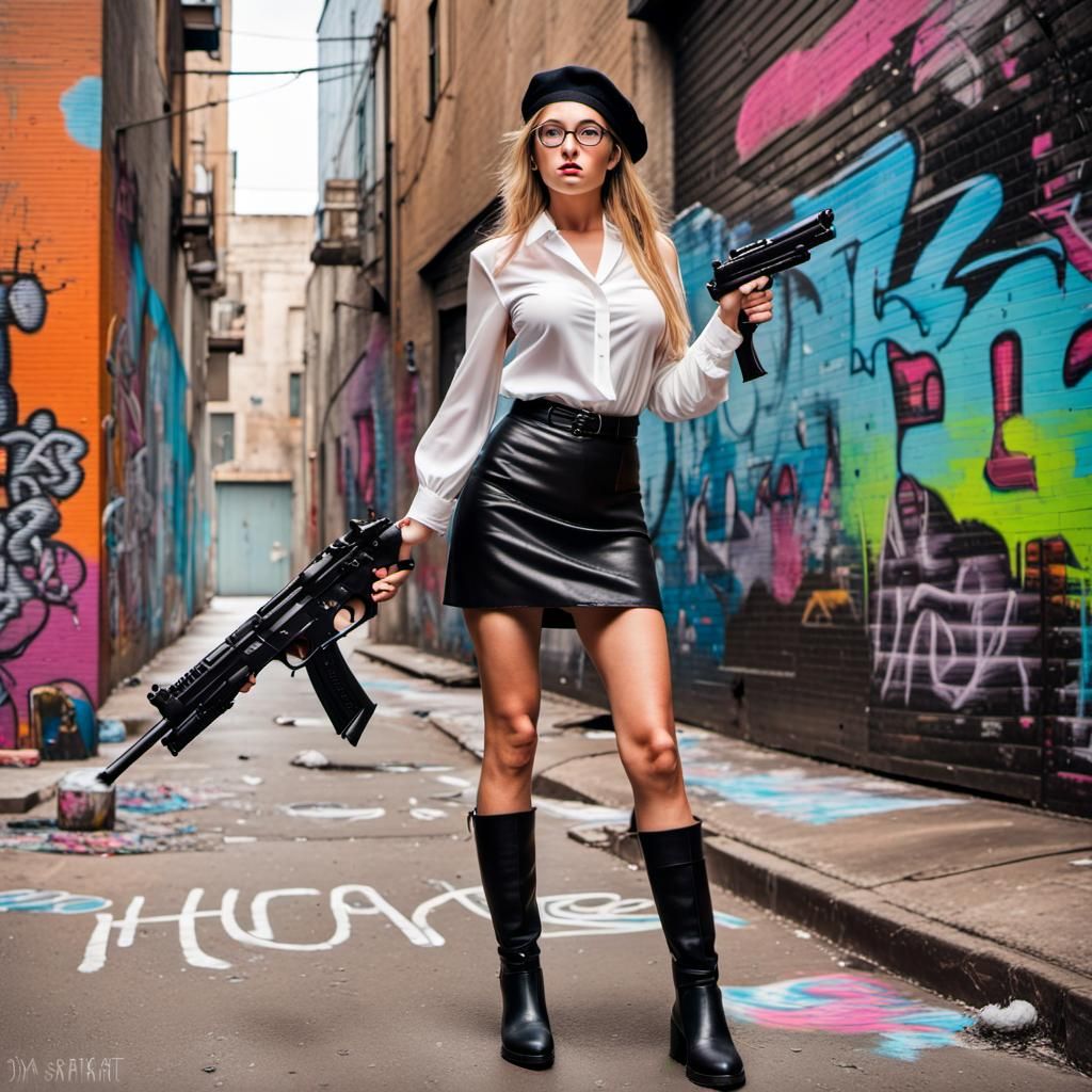 Woman with Futuristic Gun in Graffiti Alley