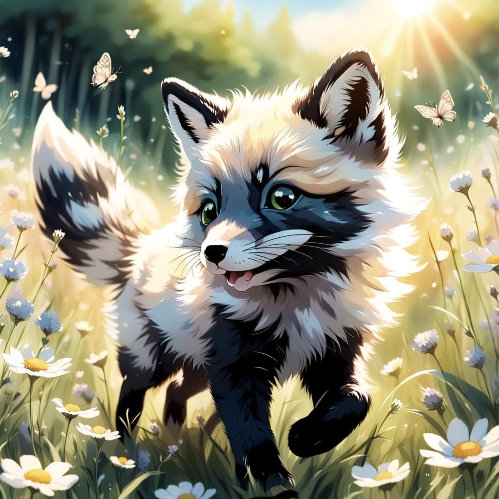 Fox Kit Chasing Butterfly in Sunny Meadow, Anime Style