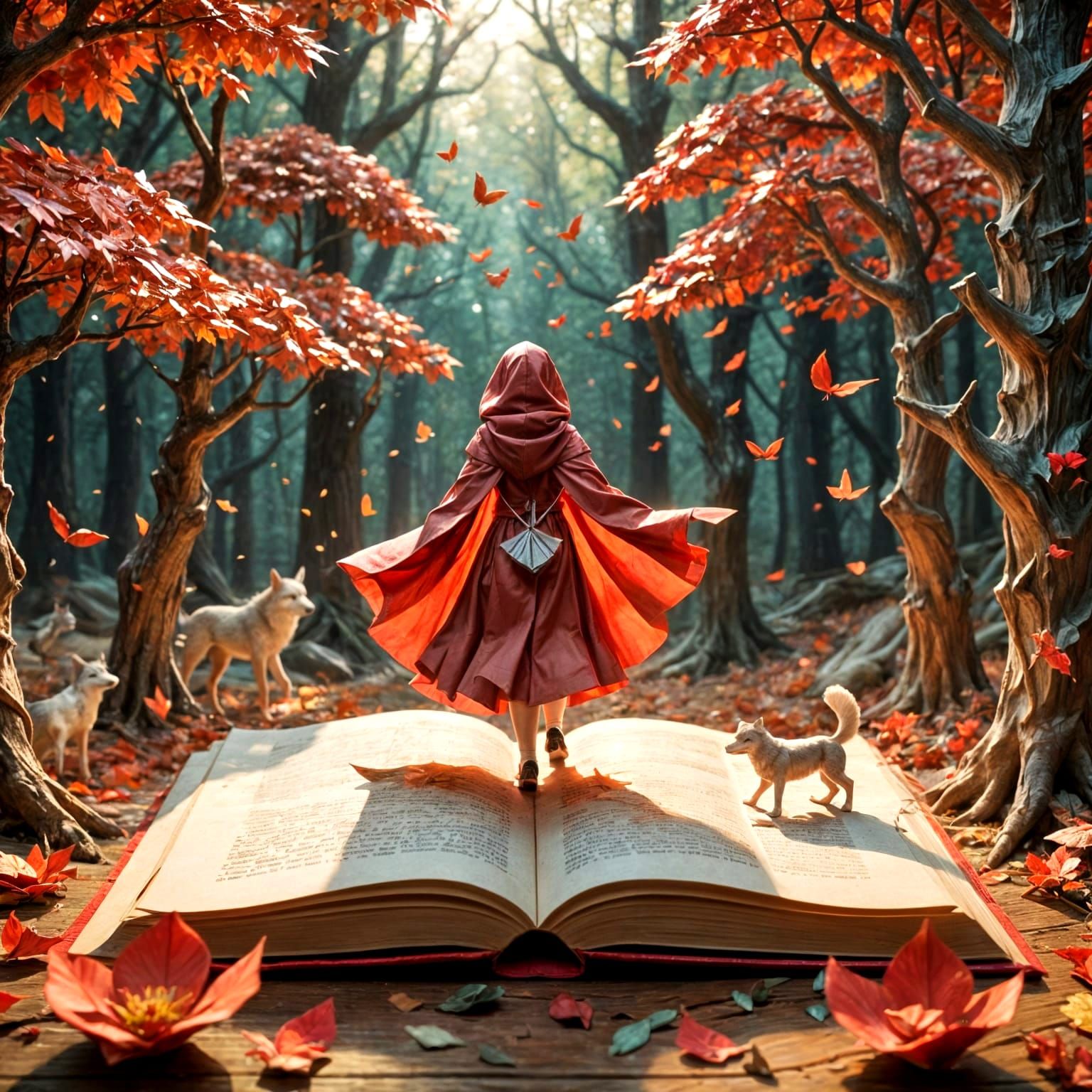 Origami Little Red Riding Hood Emerges from Glowing Storyboo...