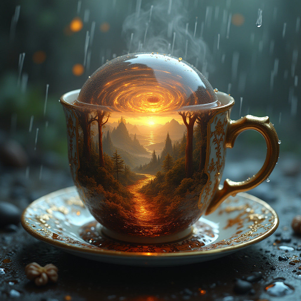 Miniature World Reflected in Coffee Cup