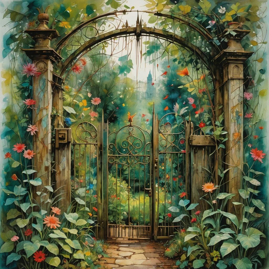 Garden Gate in Vibrant Watercolor Style
