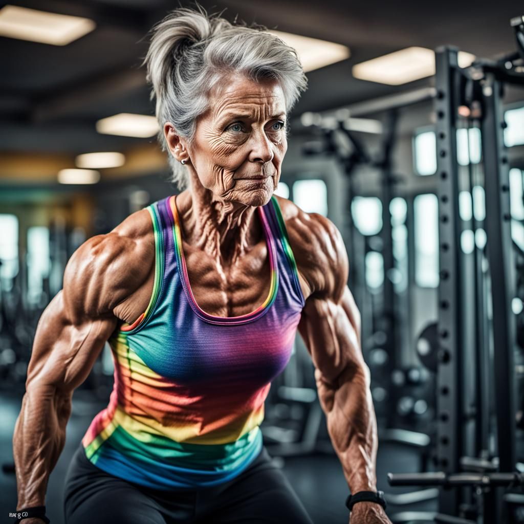 Muscular Gym Lady in Rainbow Tank Top