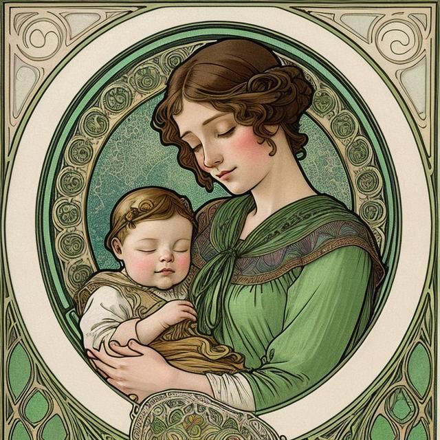 Woman with Sleeping Baby in Mucha Style