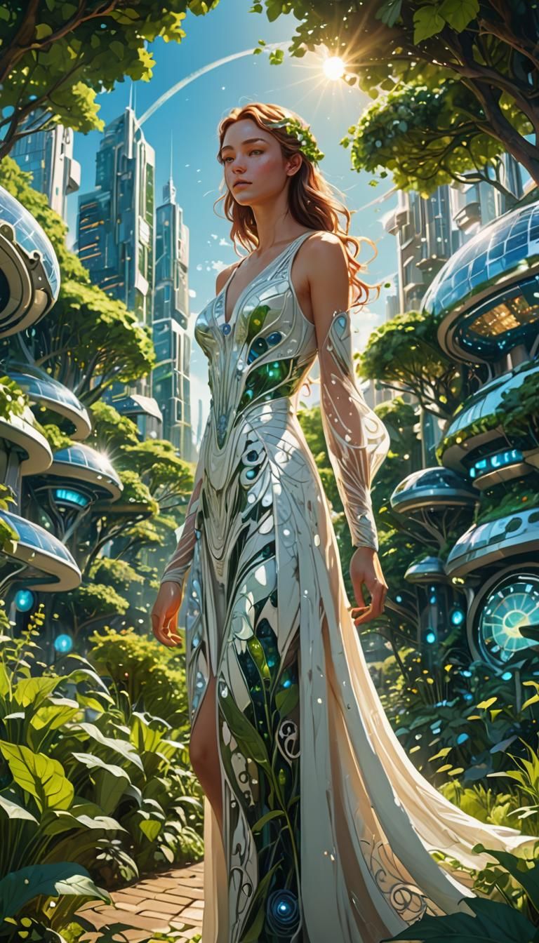 Woman in Solarpunk Garden of the Future