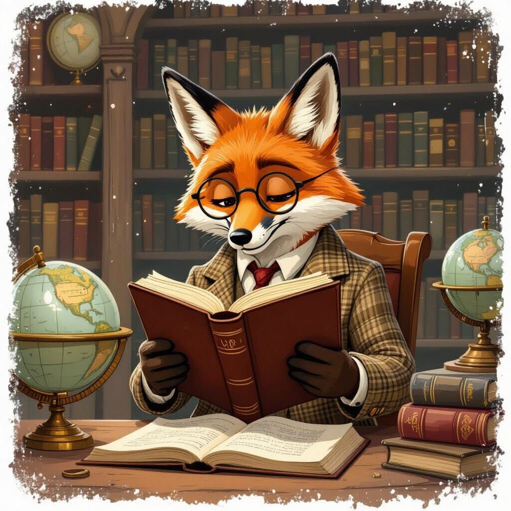 Anthropomorphic Fox Reads in Cozy Library