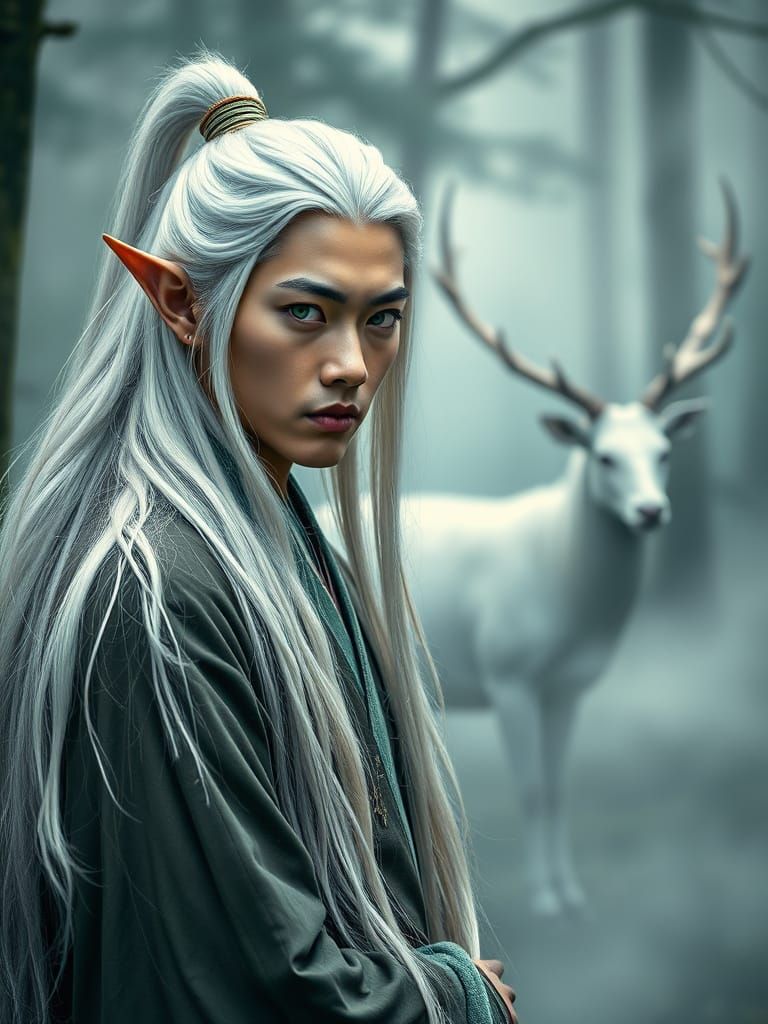 Chinese Elf with White Stag in Jade Forest