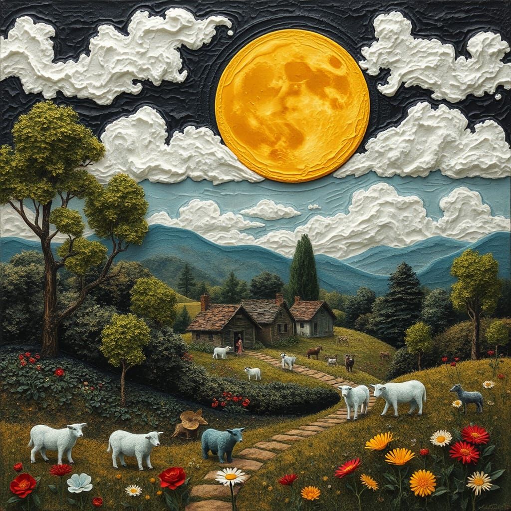 Encaustic Country Village with Yellow Harvest Moon