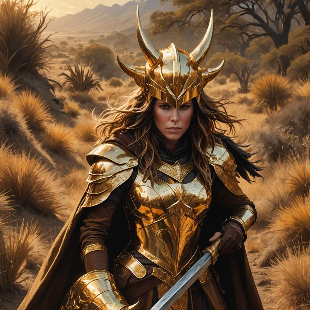 Golden Armored Queen with Horned Helmet in Savannah