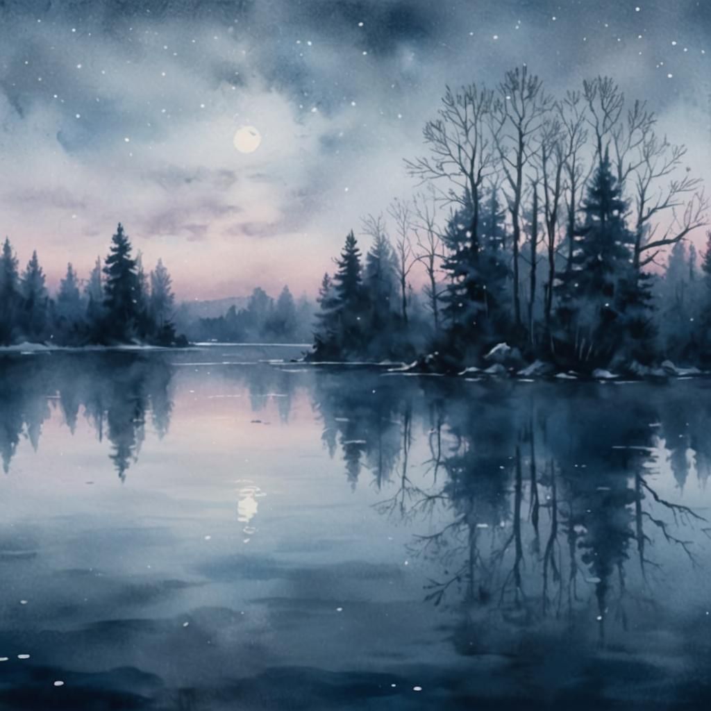 Frozen Lake at Night in Watercolor Style