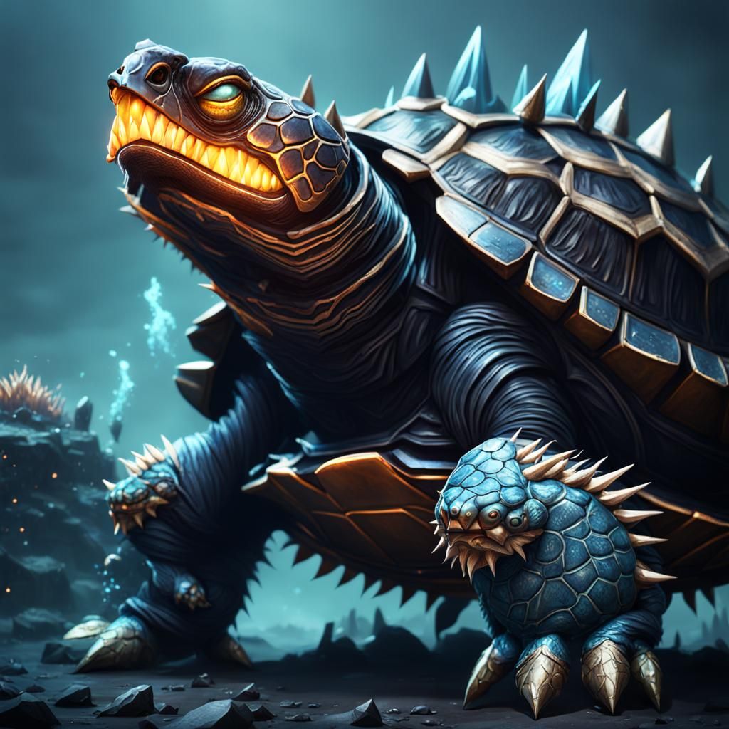 Turtle Monster with Molten Metal Scales, Fantasy Art