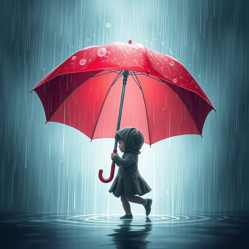 Child Under Digital Stormy Umbrella