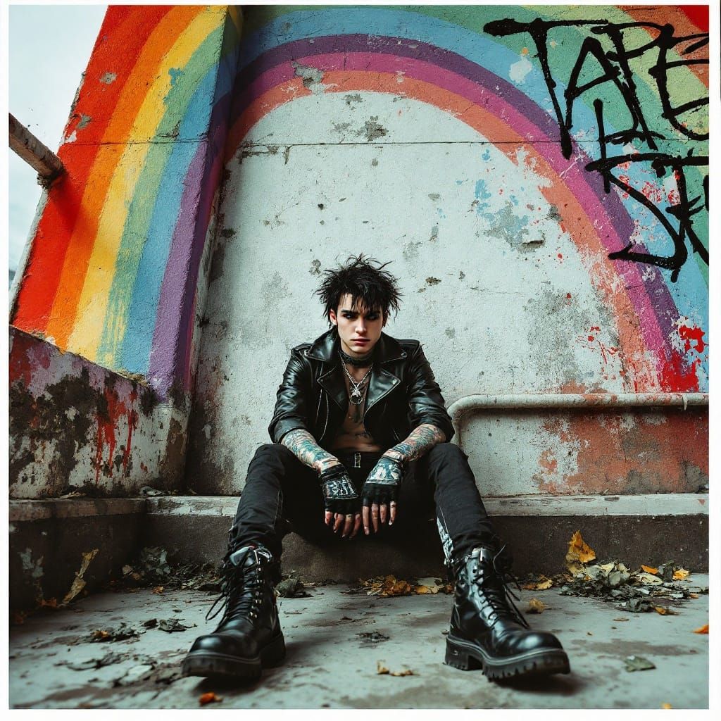 Goth Punk Rebel Leans Against Wall