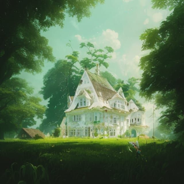 Dreamy Farmhouse on a Green Island, Maximalist Painting