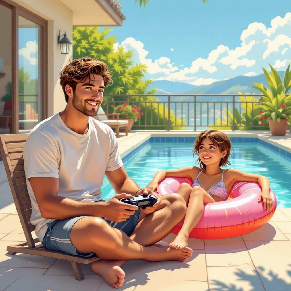 Sunny Terrace Scene in Detailed Pencil Art