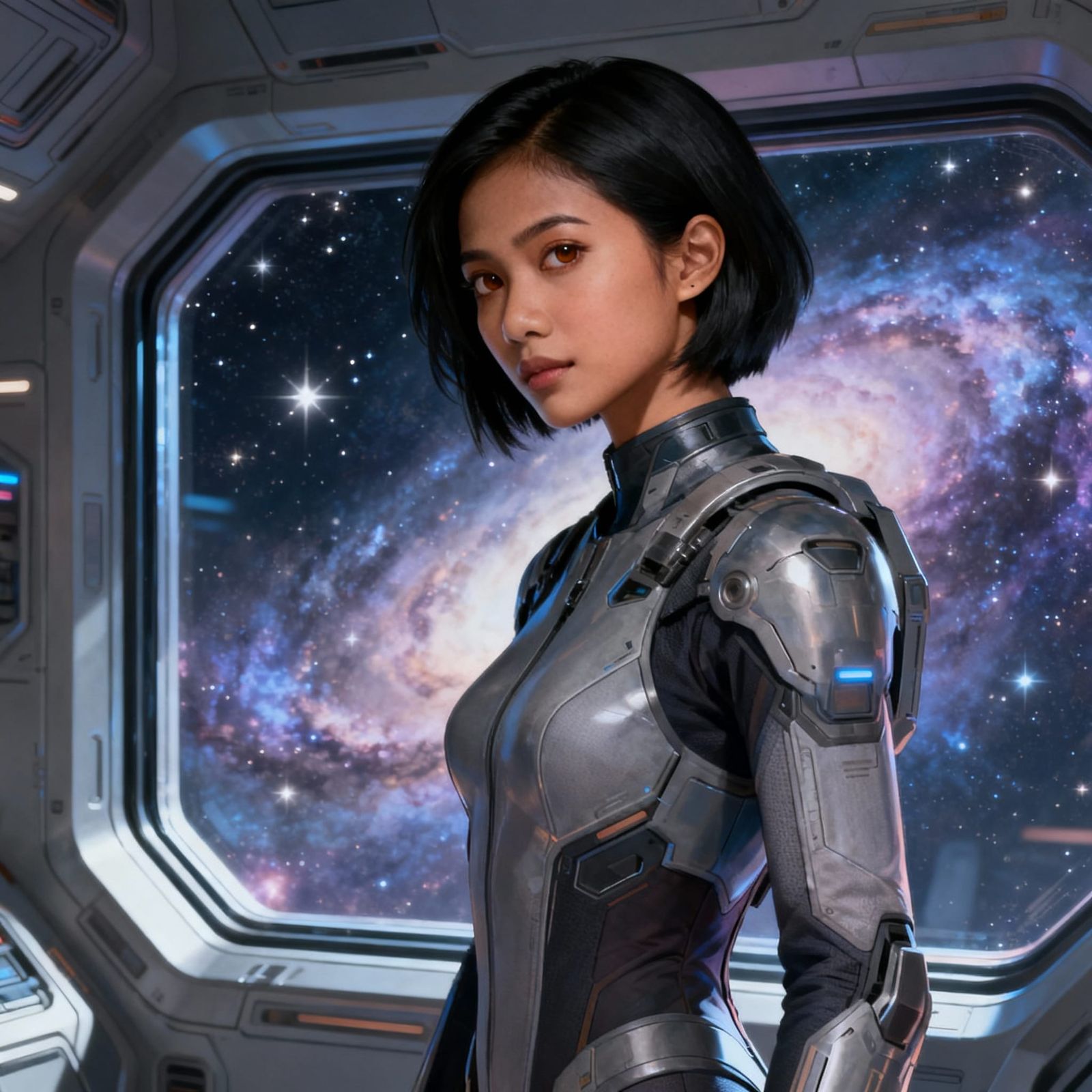 Futuristic Thai Woman in Spaceship Overlooking Stars