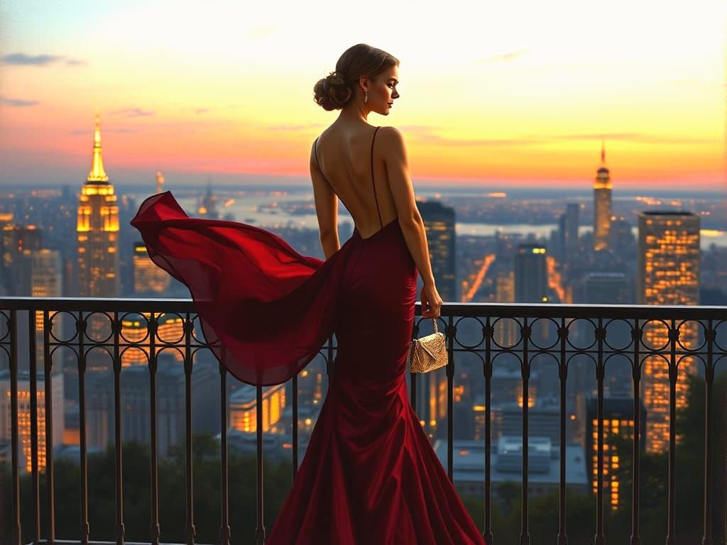 Elegant Woman in Burgundy Gown Overlooking Cityscape
