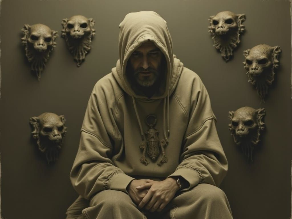 Mystic Portrait with Cryptids in Sepia Drawing