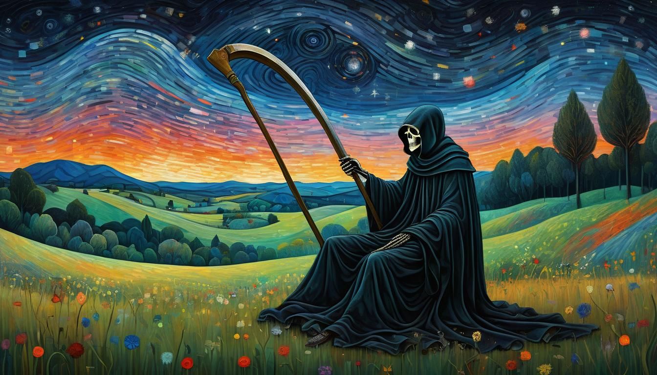 Grim Reaper Watches Shooting Stars in Colorful Fine Art Styl...