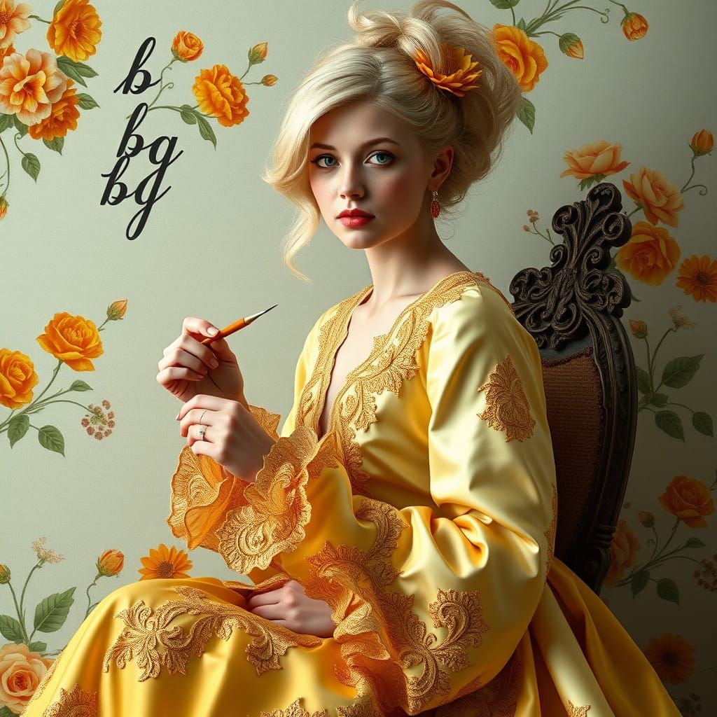 Ethereal Woman in Opulent Mansion with Exotic Flowers