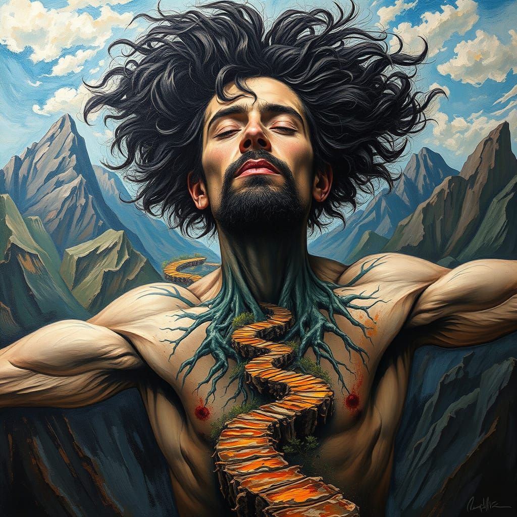 Man Transforms into Majestic Mountains in Neo-Expressionist ...
