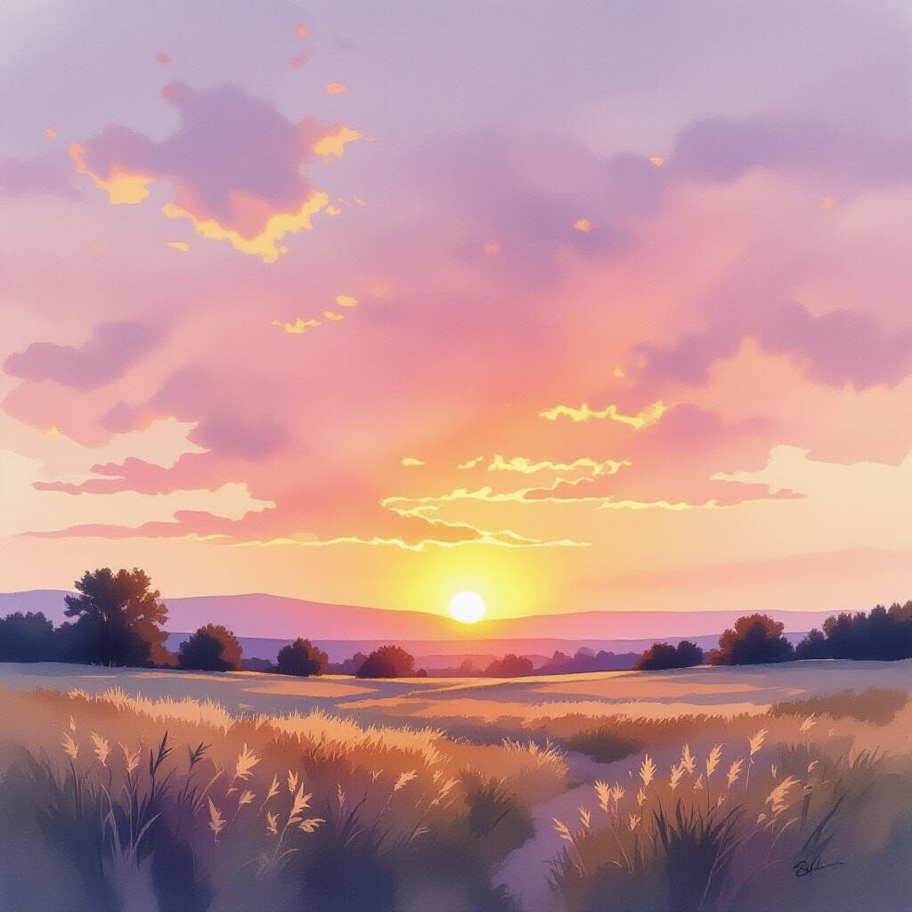 Sunset Watercolor Landscape Painting