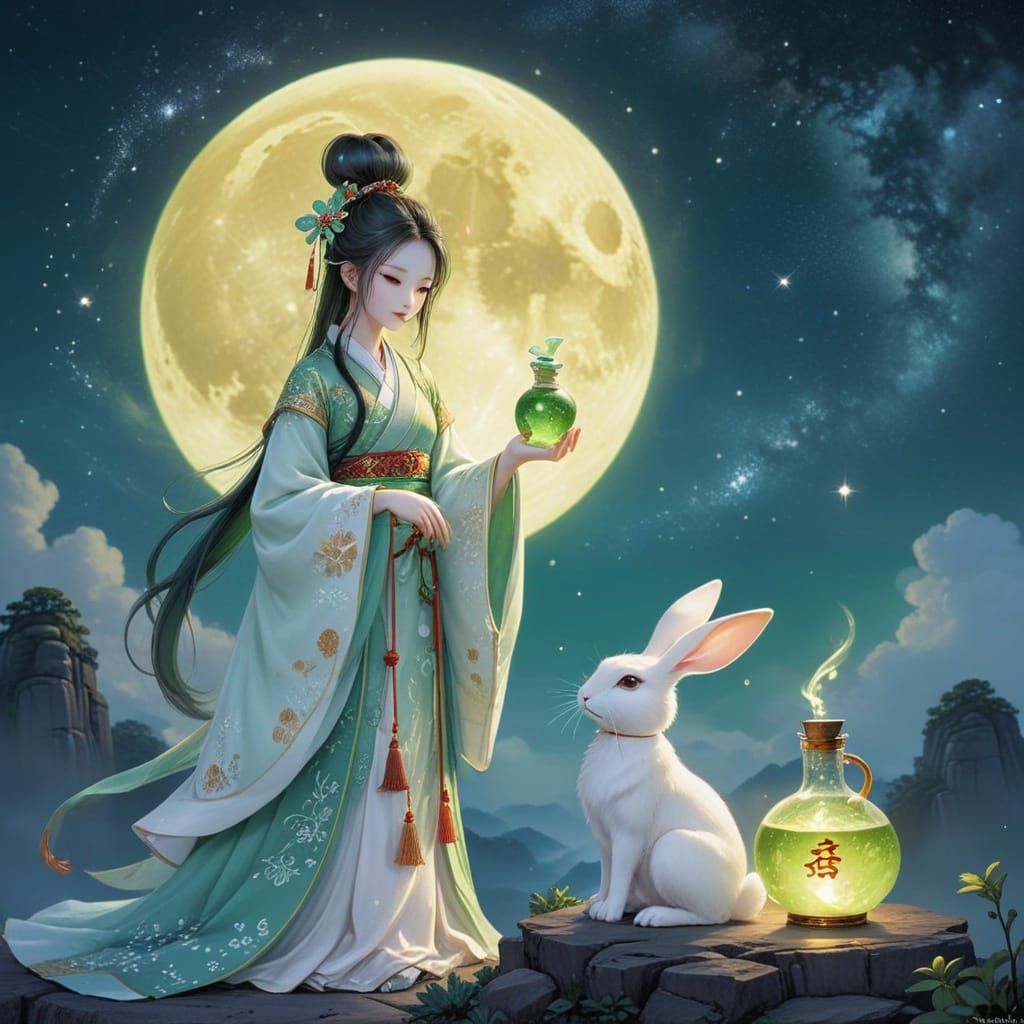 Chang'e With Jade Rabbit Under Moonlit Milky Way